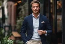 versatile navy blazer khaki chinos urban setting