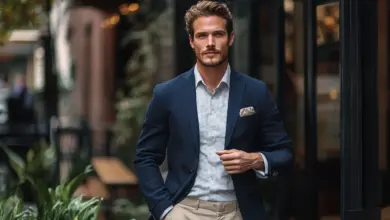 versatile navy blazer khaki chinos urban setting