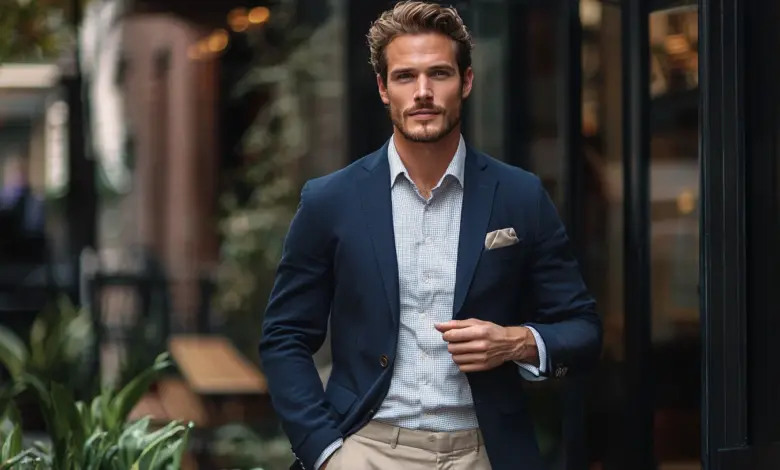versatile navy blazer khaki chinos urban setting